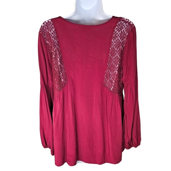 YA Los Angeles Boho Cut Out Long Sleeve Peasant Top Size S Deep Red Bohemian - Picture 4 of 13